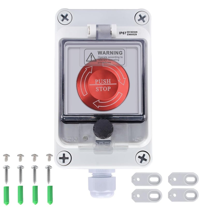 MARSTEK Emergency Stop Button with Box 10 Amp 22mm Latching Push Button Switch, Aluminum Alloy Round Emergency Stop Switch, IP65 Waterproof E Stop Emergency Shut Off Switch, 1NO 1NC 440V (32A Box) - Image 1
